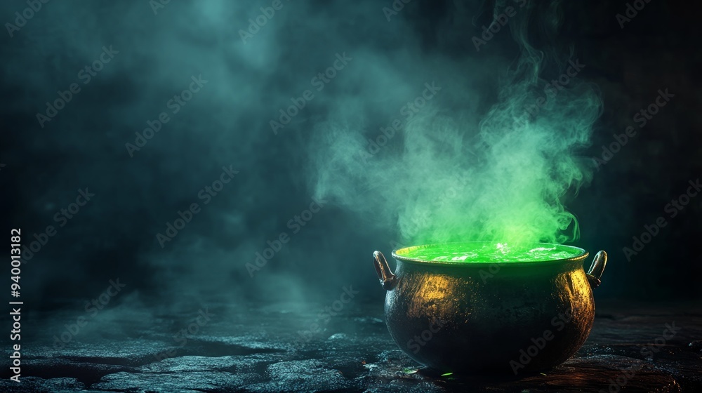 Cauldron with green potion. Foggy background Cauldron with green potion. Foggy background