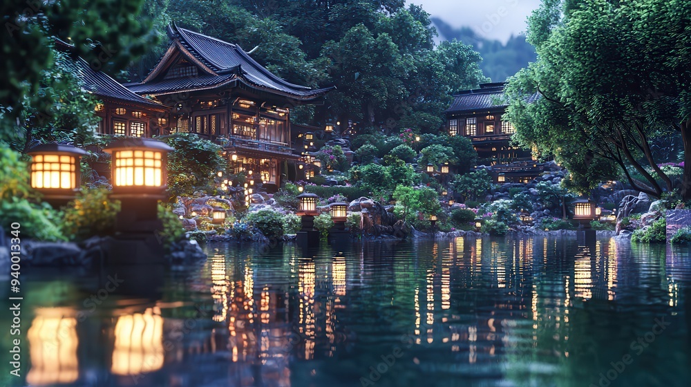 Japanese Garden with Lantern Lights and Pond at Night Japanese Garden with Lantern Lights and Pond at Night