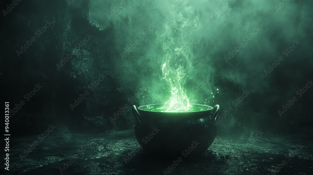 Cauldron with green potion. Foggy background Cauldron with green potion. Foggy background