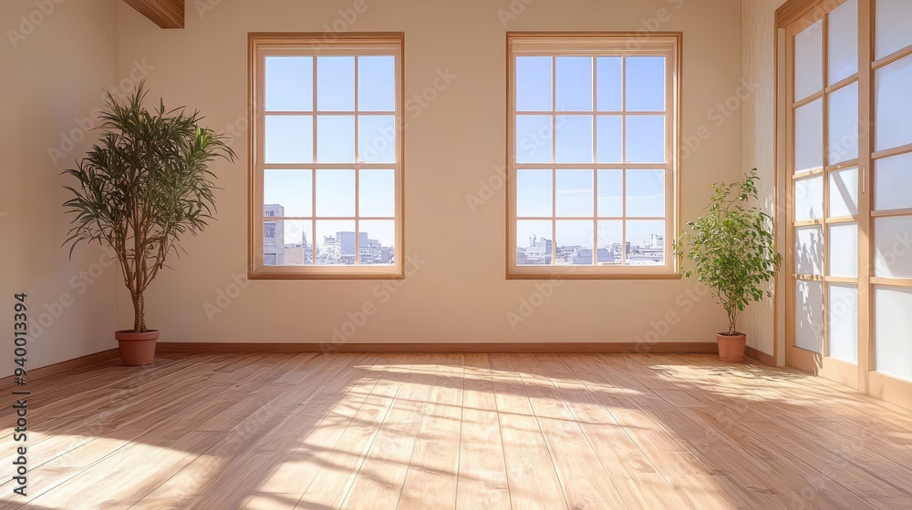 Bright and airy empty room with large windows and potted plants, ideal for interior design or renovation projects. Bright and airy empty room with large windows and potted plants, ideal for interior design or renovation projects.