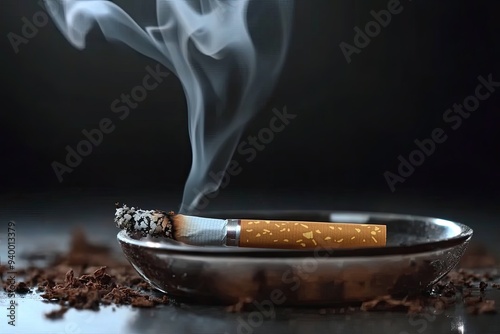 A close-up of a cigarette smoldering in an ashtray, with smoke rising above it, against a dark background.