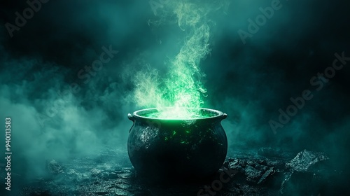 Cauldron with green potion. Foggy background