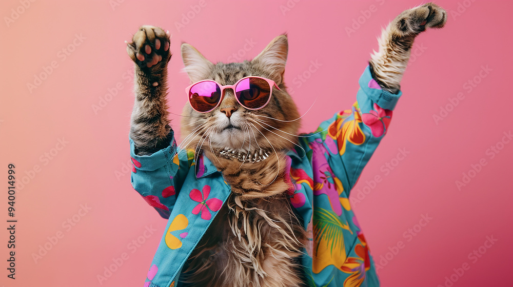 Fototapeta premium Cat wearing a bright colorful shirt and sunglasses, on a pink background. 