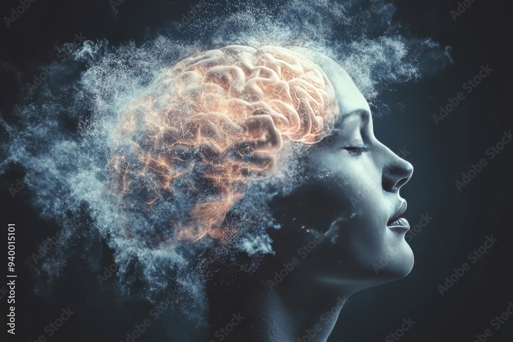 Obraz premium Profile of a woman with a glowing brain made of smoke symbolizing the ethereal nature of thoughts mental energy and the intangible aspects of the human mind