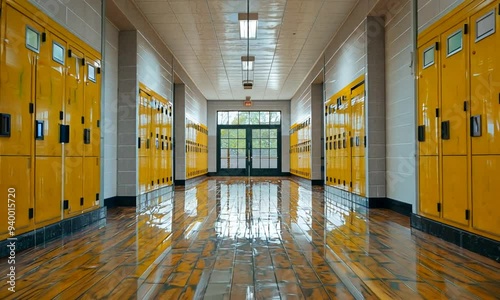 Empty school hallway with yellow lockers, wet wooden floor, and a door at the end.
