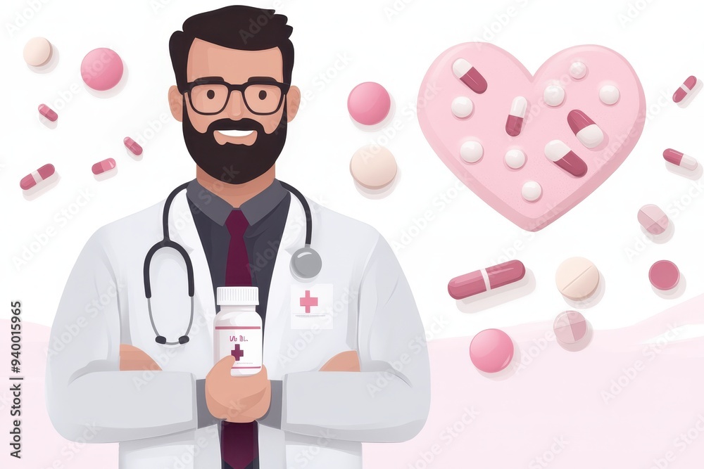 Friendly doctor holding a medicine bottle with pills, promoting health and care in a vibrant, heart-themed background. Friendly doctor holding a medicine bottle with pills, promoting health and care in a vibrant, heart-themed background.
