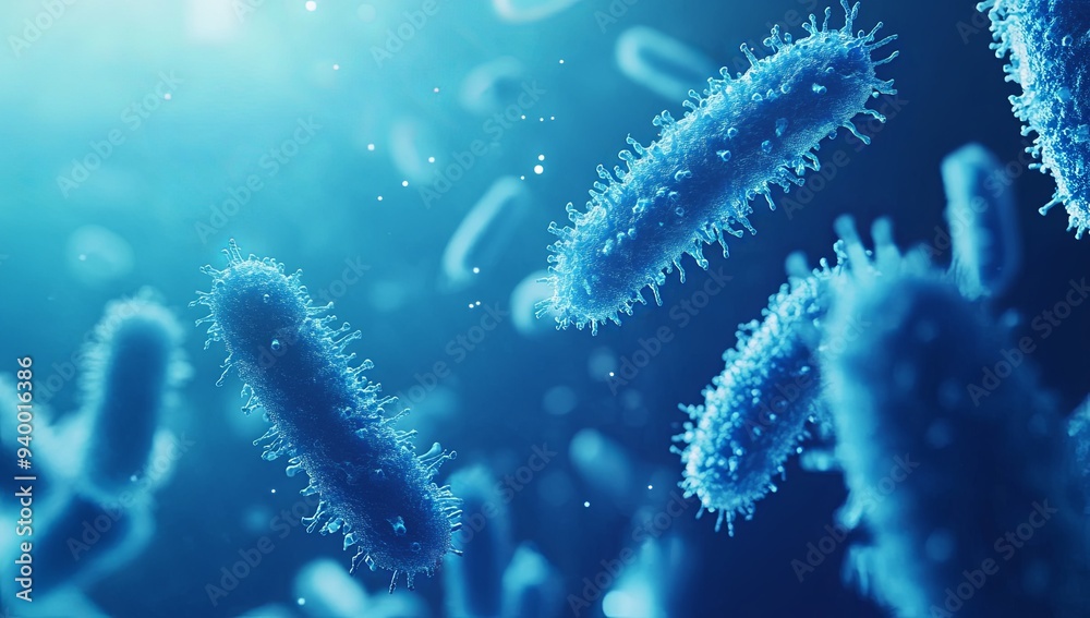 Fototapeta premium Microscopic view of bacteria floating in a blue liquid, illuminated by a bright light source.
