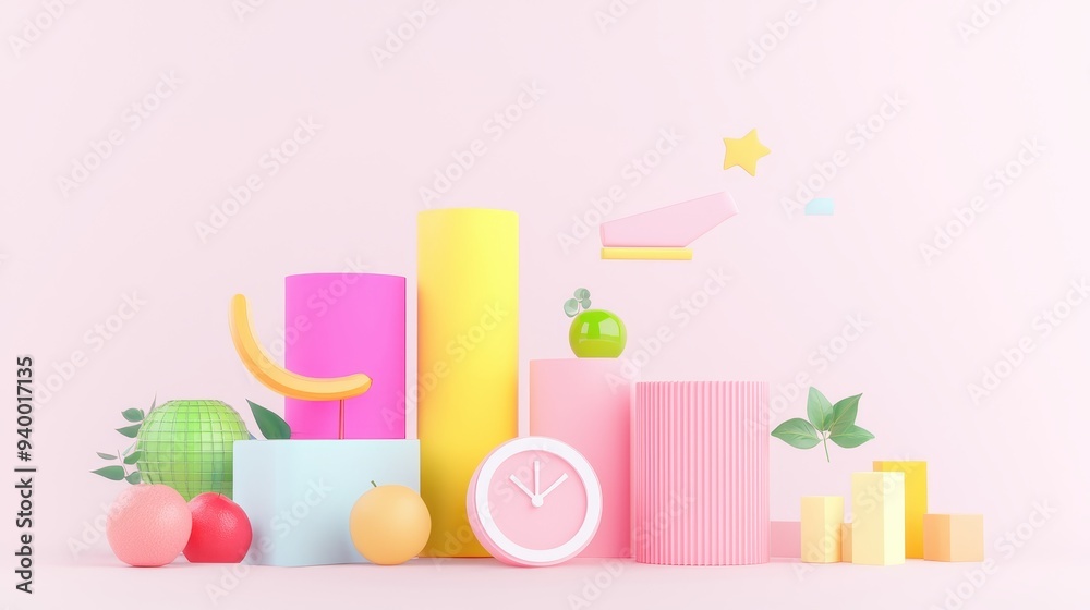 Abstract Pastel Pink Background with Geometric Shapes and Fruit Abstract Pastel Pink Background with Geometric Shapes and Fruit