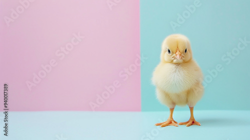 Baby chick standing on a pastel color background, giving Easter style colors.  photo