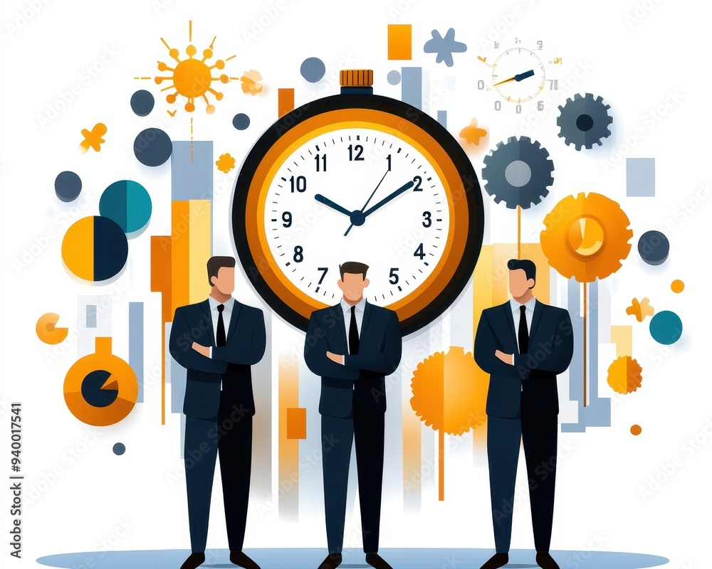 Three professionals with a clock background, symbolizing time management and business strategy in a modern illustration. Three professionals with a clock background, symbolizing time management and business strategy in a modern illustration.