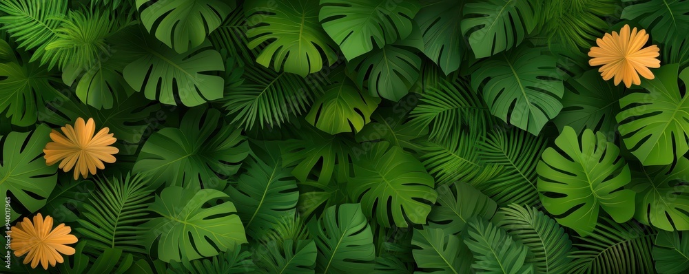 Vibrant green foliage with yellow flowers, perfect for nature-themed designs, backgrounds, or botanical illustrations. Vibrant green foliage with yellow flowers, perfect for nature-themed designs, backgrounds, or botanical illustrations.