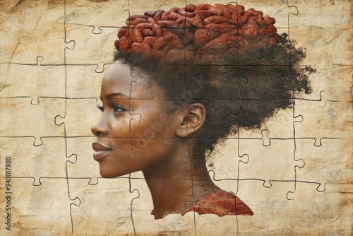 Wallpaper Mural Abstract portrait of a woman with a brain made of puzzle pieces symbolizing the complexity of thoughts the search for identity and the intricate nature of self awareness Torontodigital.ca