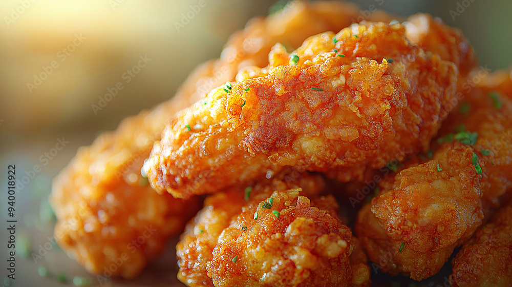 A close-up shot of crispy fried chicken, highlighting its golden brown texture and mouthwatering appeal