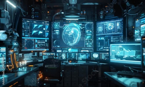 Futuristic control room with multiple monitors displaying data and a glowing brain icon.