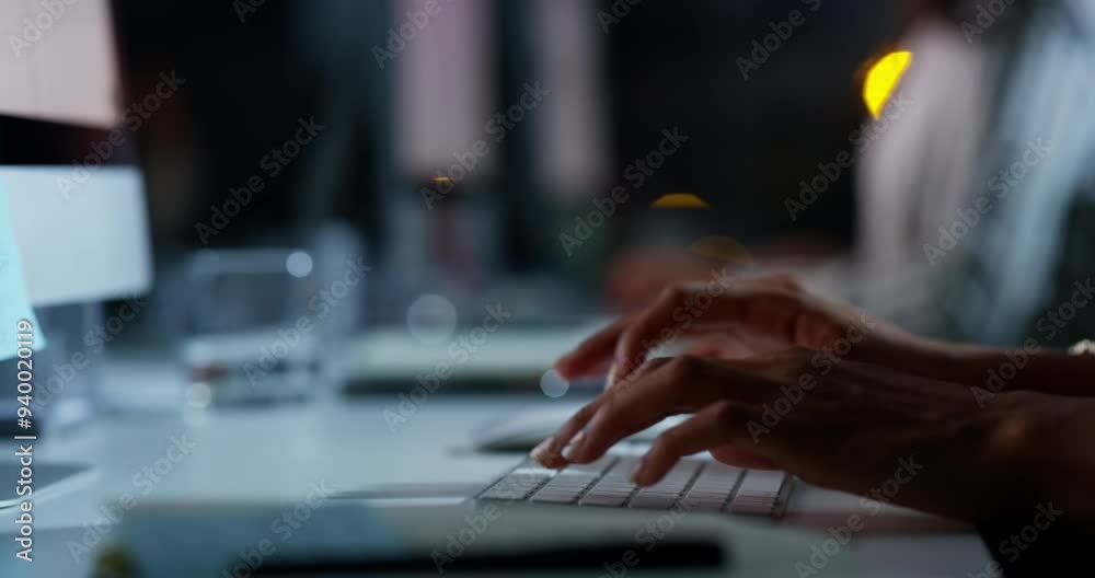 Hands, night or journalist typing on computer in workplace working on research or project online. Blog post, person or closeup of worker copywriting an email, editing article or news report in office