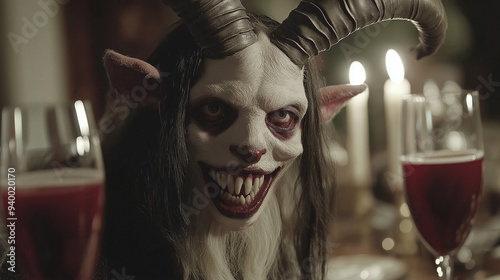 The Devil's Dinner: A chilling portrait of a demonic figure with goat-like features, a sinister grin, and piercing eyes. The ominous atmosphere is heightened by the flickering candlelight and the omin photo