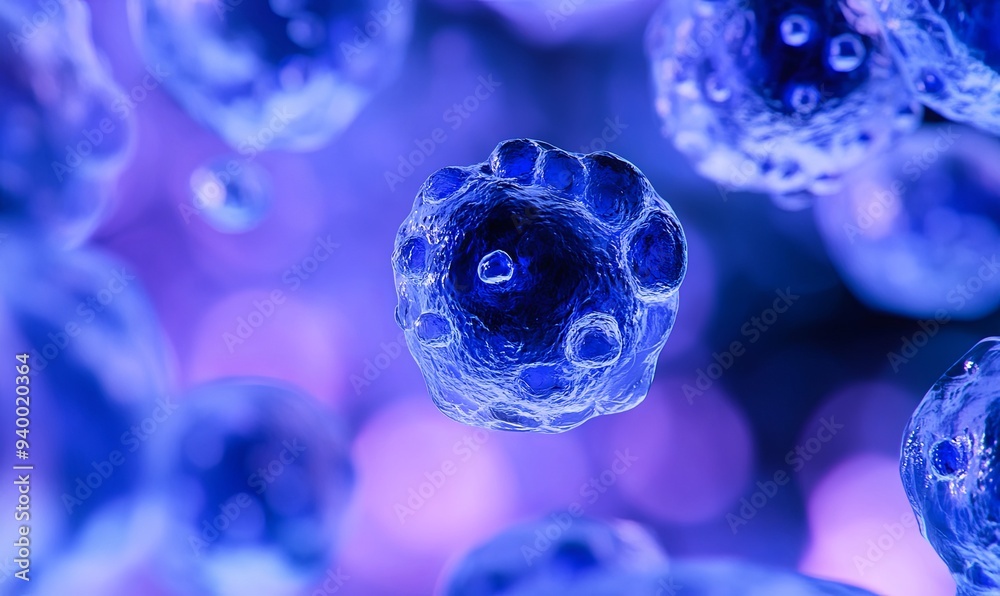 Obraz premium Abstract blue and purple microscopic cells floating in a colorful liquid.