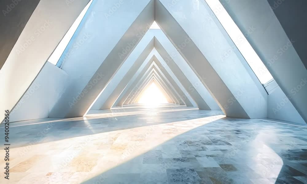 Futuristic white triangular hallway with light at the end