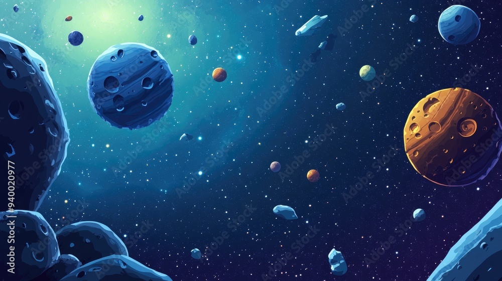 Naklejka premium 2D illustration in a cartoon drawing style featuring a 3D rendering of deep vast space Includes stars planets moons and various creative science fiction backdrops showcasing space art and alien so