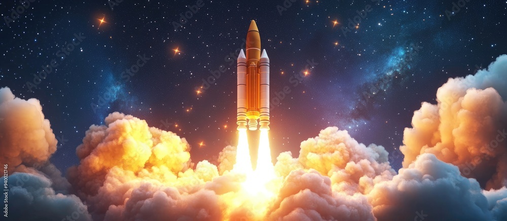 Fototapeta premium Space rocket with a blast and puffs of smoke successfully lifts off into the starry sky in this 3D cartoon rendering marking the beginning of a space mission Rocket launch