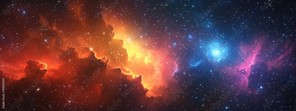 Fototapeta premium Colorful space background featuring a 3D cartoon rendering of stars and nebula gas clouds in deep outer space science fiction illustration