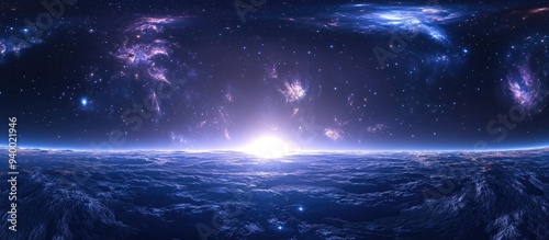 Fototapeta Naklejka Na Ścianę i Meble -  360 degree space background with nebula and stars featuring a 3D cartoon rendering equirectangular projection and environment map in HDRI spherical panorama 3D illustration