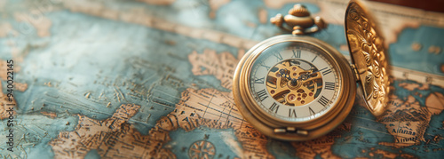 A vintage pocket watch lies on an old world map, conjuring themes of travel, exploration, and the passage of time. photo