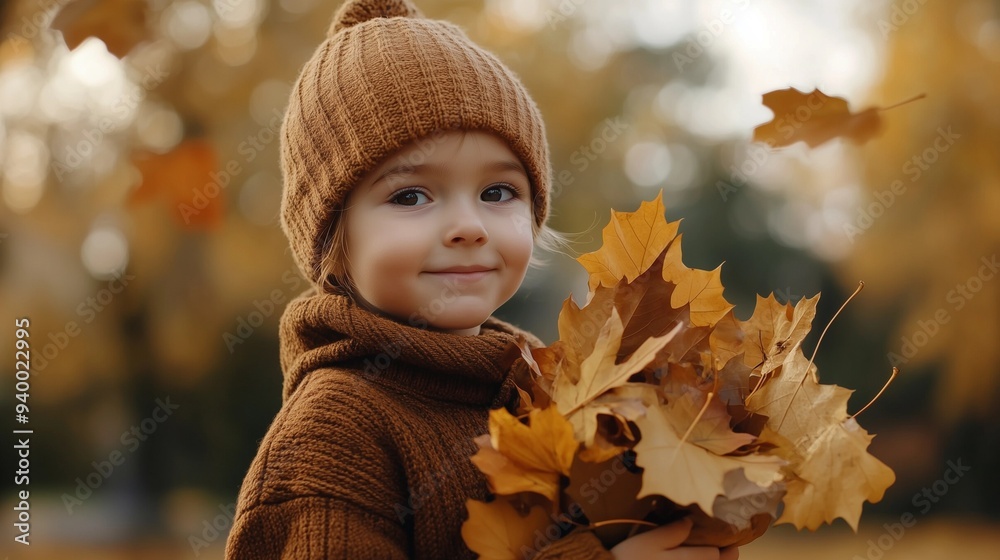 girl with autumn leaves, girl in park, a child wearing a brown knitted beanie is standing in an autumn park, holding a bundle of autumn leaves in their arms, fall girl with autumn leaves, girl in park, a child wearing a brown knitted beanie is standing in an autumn park, holding a bundle of autumn leaves in their arms, fall