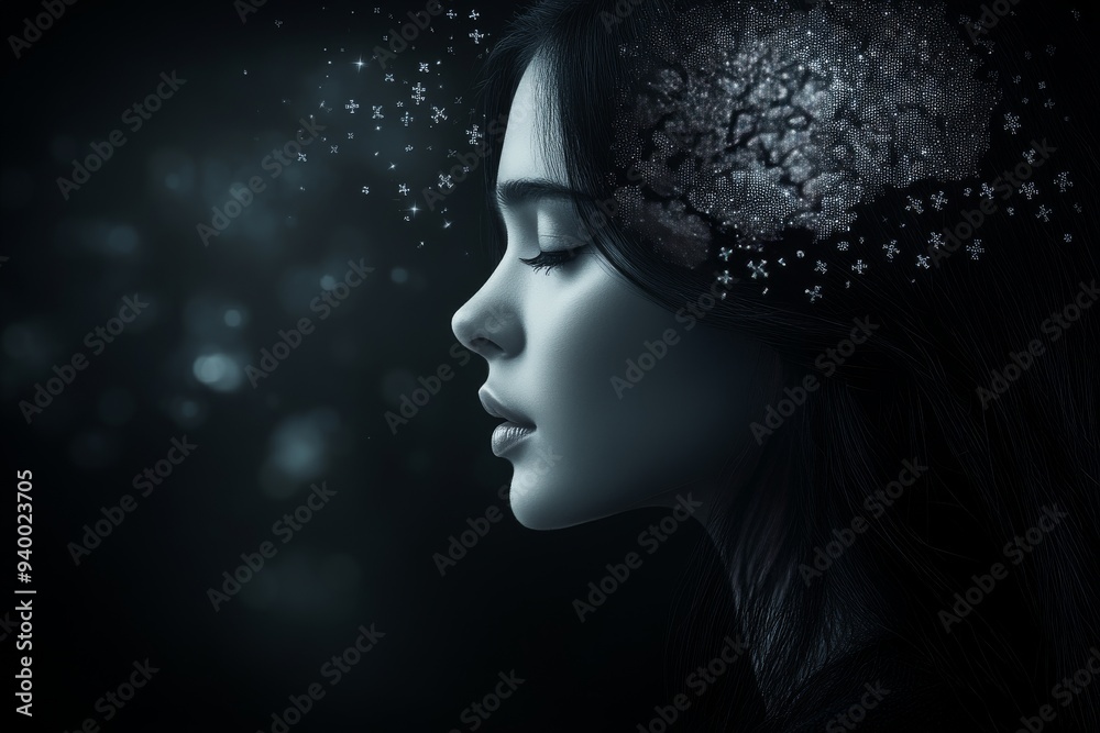 Minimalistic profile of a woman with a clouded mind symbolizing introspection the haze of uncertainty and the depth of thought