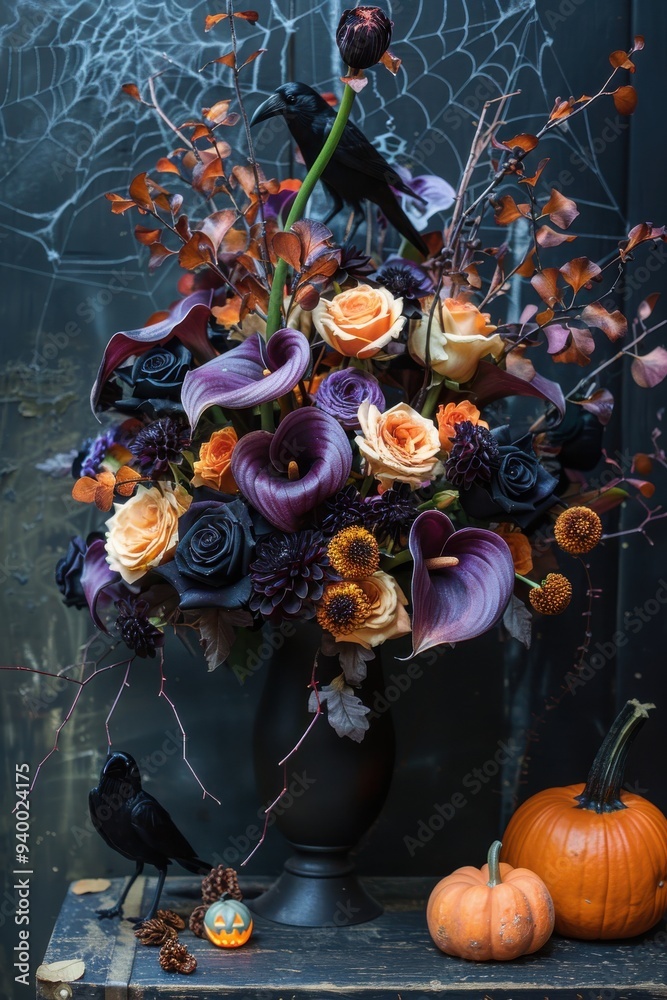 Fototapeta premium A black vase with purple flowers and orange flowers sits on a wooden table