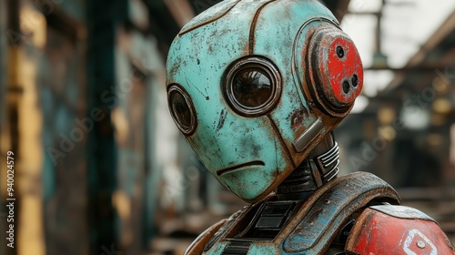 Rusty Futuristic Robot Head Close Up