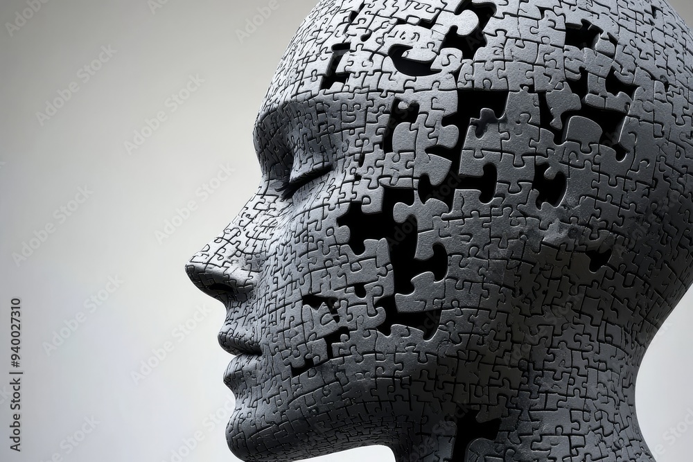 Abstract 3D sculpture of a head with puzzle pieces missing symbolizing memory loss cognitive decline and the erosion of identity over time Abstract 3D sculpture of a head with puzzle pieces missing symbolizing memory loss cognitive decline and the erosion of identity over time