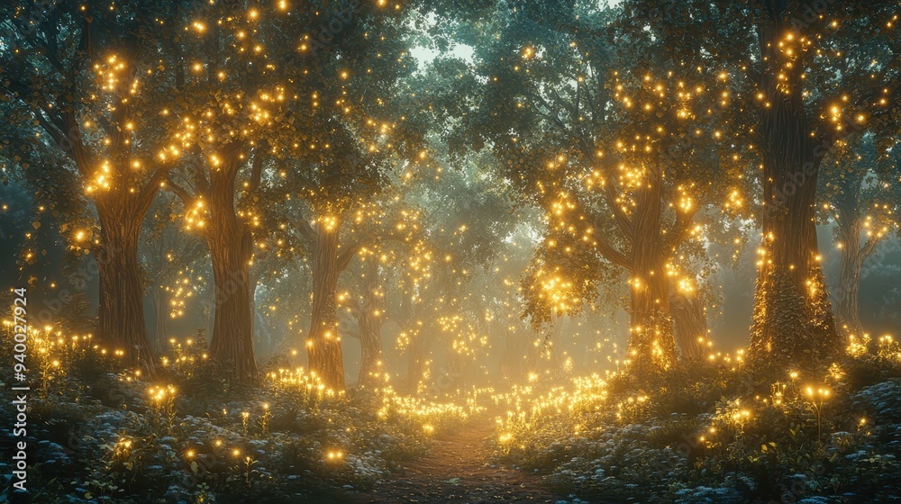 Magical Forest Path with Glowing Lights Magical Forest Path with Glowing Lights