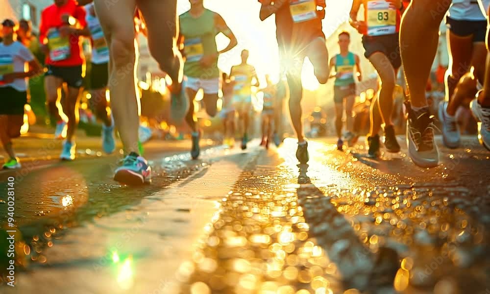 Low angle view of runners feet as they run down the street during a marathon