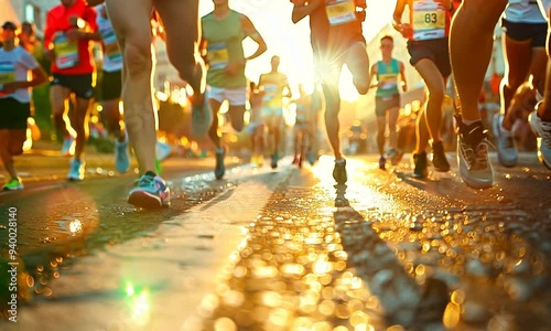 Low angle view of runners feet as they run down the street during a marathon