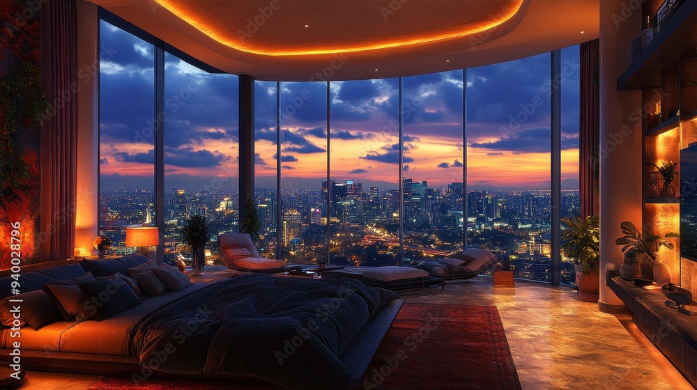 Fototapeta premium Luxury Bedroom with City View at Sunset