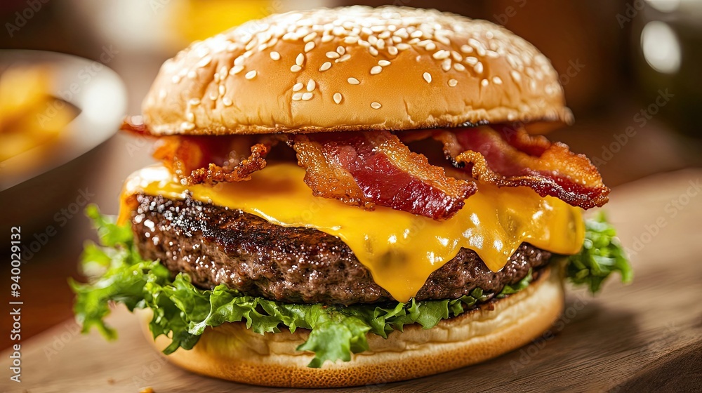 Close-up of a Juicy Cheeseburger Topped with Crispy Bacon Close-up of a Juicy Cheeseburger Topped with Crispy Bacon