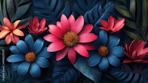 Tropical Floral Arrangement with Blue and Red Flowers on Dark Green Leaves