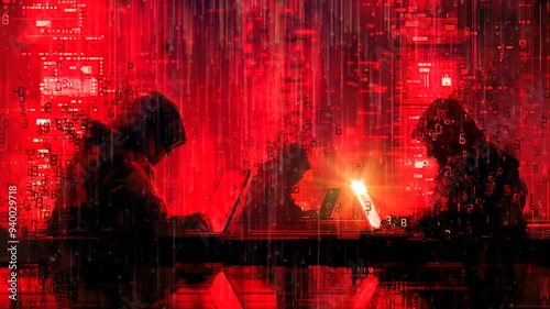 Silhouette of hacker using laptop with abstract digital symbols isolated on red background