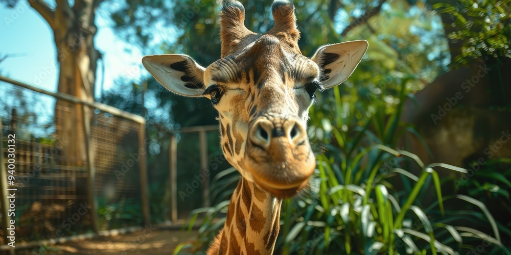 Naklejka premium Giraffe in an artificial habitat created to resemble its natural environment for wildlife conservation and preservation efforts.