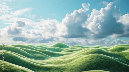 Fototapeta Naklejka Na Ścianę i Meble -  3D render of a surreal green shaggy landscape featuring abstract dunes and a panoramic view of a futuristic meadow under a cloudy blue sky with ample copy space