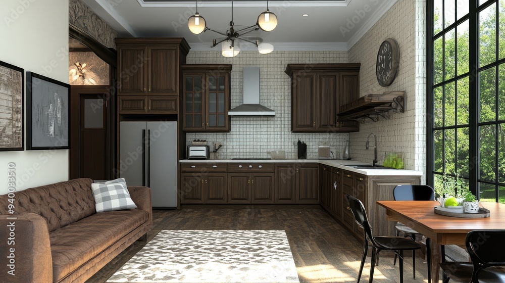 3D rendering of an interior kitchen combined with a living room space 3D rendering of an interior kitchen combined with a living room space