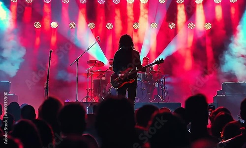 Silhouetted musician playing guitar on stage with pink lights and a crowd in front.