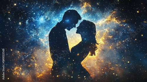 Wallpaper Mural A captivating composition featuring cosmic stars and silhouettes of lovers crafted from blue and yellow particles embodying romance in a galaxy like sky 3D rendering Torontodigital.ca