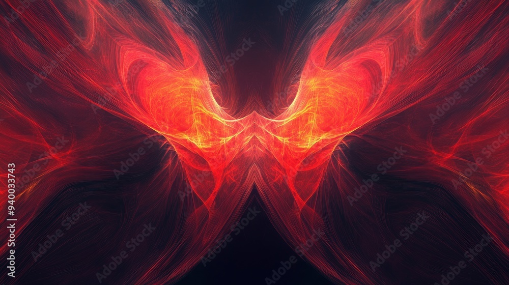 Fototapeta premium A vibrant red line moves dynamically and symmetrically extending beyond the horizon in striking fractal artwork
