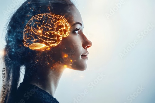 A serene woman surrounded by glowing brain elements representing mindfulness intellectual enlightenment and inner peace in a tranquil and introspective visual narrative
