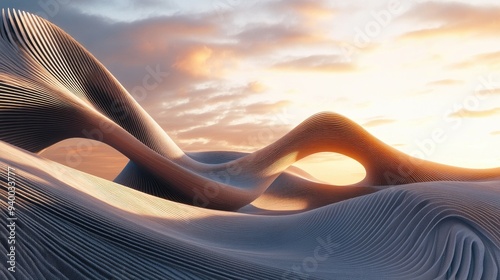 Abstract 3D illustration showcasing dynamic architectural forms in a landscape setting photo