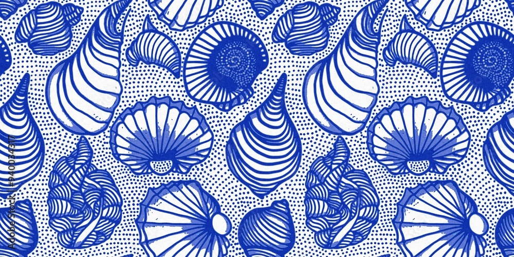 Azure blue white shell motif with linen seamless batik border background. Modern coastal beach cottage rustic shell block print home decor pattern, Sealife banner style Azure blue white shell motif with linen seamless batik border background. Modern coastal beach cottage rustic shell block print home decor pattern, Sealife banner style