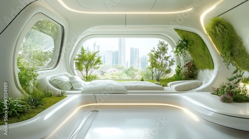 Modern Futuristic Bedroom Interior Design with Plants and City View