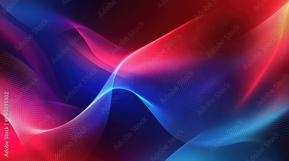Obraz premium Abstract gradient background in red and blue featuring neon light curved lines and vibrant geometric shapes
